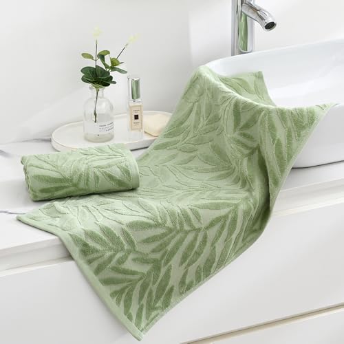 Sense Gnosis MJXC2 Green Hand Towel Set Of 2 Full Embossed Velvet Salix Leaves Pattern Super Soft 100% Cotton Highly Absorbent Decorative Jacquard Weave Hand Towels For Bathroom Home 13X 29 Inch thumb #1