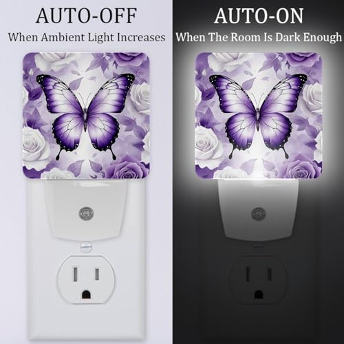 Image of NEWzone Butterfly Rose Purple Night Light [2 Pack], Plug in Wall Led Night Lights Decor for Boys Girls Room, Dusk to Dawn Sensor Wall Lamp for Stairway /Bedroom /Kitchen /Nursery Room