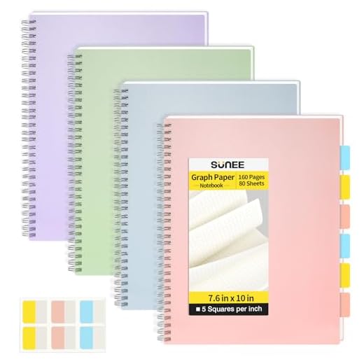 SUNEE Graph Paper Notebook - 4 Pack B5 Graphing Notebook 7.6 x 10 inches 5 x 5mm Grid Paper 80 Sheets/160 Pages - Journals for Study and Notes (pink, blue, green, purple)