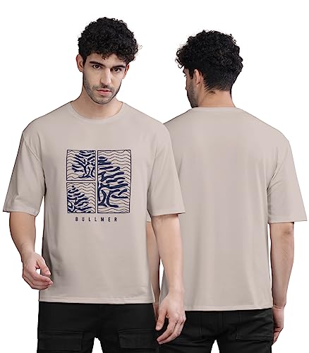 Image of BULLMER Peach Trendy Front Printed oversized Round Neck T-shirt for men