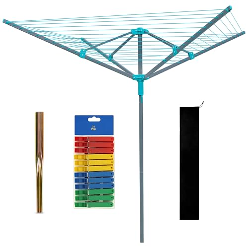 Crystals Rotary Washing Line | 4-Arm Heavy Duty Outdoor Clothes Airer | 50m Large Folding Rotary Dryer with Metal Ground Spike, Protective Cover & Pegs | Sturdy Garden Laundry Drying Solution