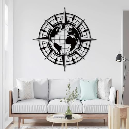 Carte du monde en métal et boussole, art mural chic pour salon moderne