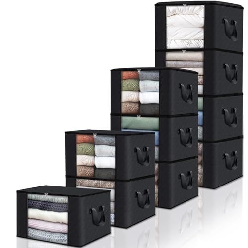 Fab totes 10 Pack Clothes Storage, Foldable Thick Fabric Blanket Storage Bags, Containers for Organizing Bedroom, Closet, Clothing, Comforter,Closet Organization with Handle,Black