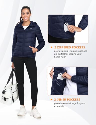 MoFiz Jaqueta feminina acolchoada com capuz, leve, acolchoada para inverno, quente, com zíper, com i