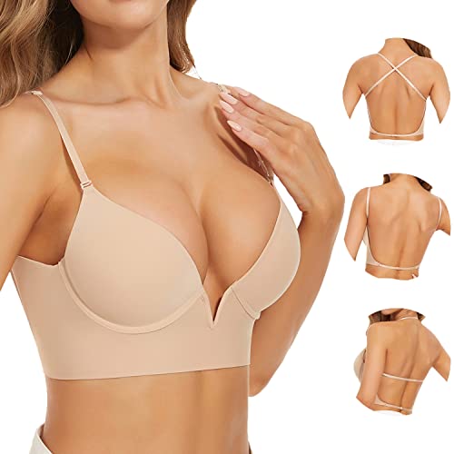 Vinperfor Low Back Bras For Women Deep V Plunge Backless Bras Seamless Halter Bras Invisible Multiway Convertible Low Cut Bra (Nude, X-Large) #TOP1