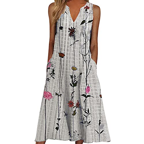 Vestidos de verão femininos casuais com estampa de folhas, botões, gola V, sem mangas, bolso, vestid