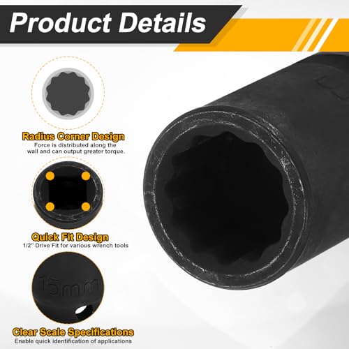 Image of HARFINGTON 1 /2 inch Drive x 15mm Shallow Impact Socket 12-Point Metric CR-V Steel Spindle Nut Impact Flip Sleeve for Home Auto Nuts Bolts Repair