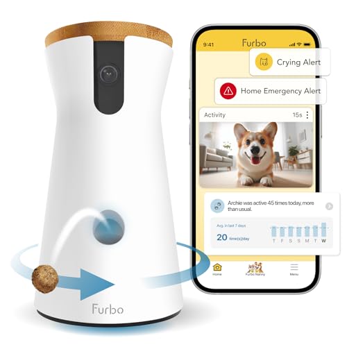 Furbo 360° Dog Camera + Nanny w/AI Smart Alerts: Home Emergency & Safety Alerts | 360° Rotating Dog Tracking, Treat Toss, Night Vision, 2-Way Audio, Bark Alert (Paid App Subscription Required)