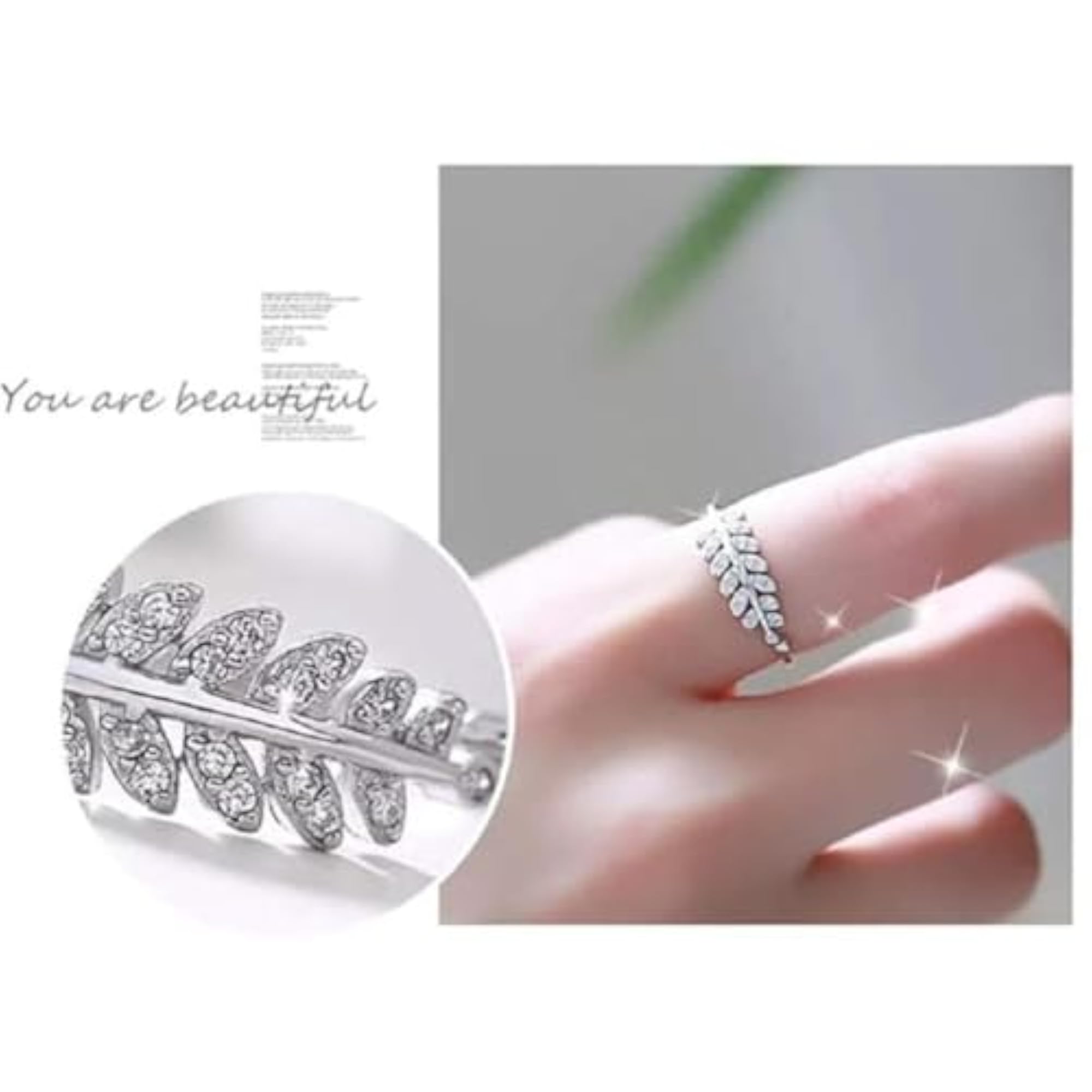 Women's Adjustable Leaf Design Ring with American Diamond