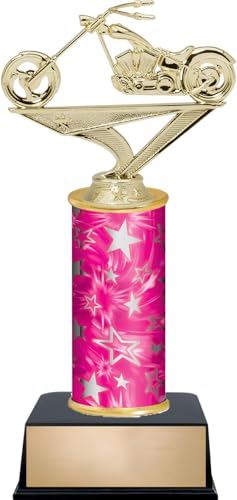 9.75" Motorcycle Chopper Trophies - Custom Engraved Motorcycle Pink and Silver Star Column Trophy Awards
