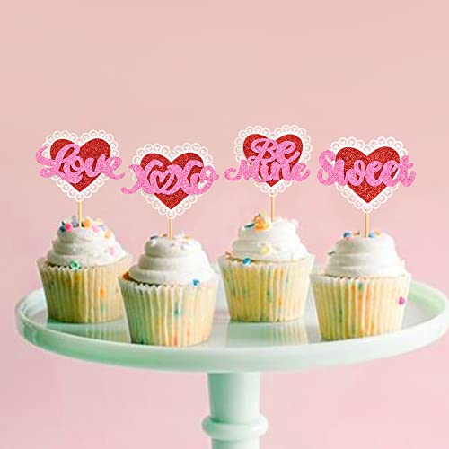 Ercadio 24 Pack Valentine’s Day Be Mine Cupcake Toppers Glitter Sweet Heart Cupcake Toppers Love Heart Cupcake Picks For Valentine Theme Engagement Party Decor Supplies #TOP3