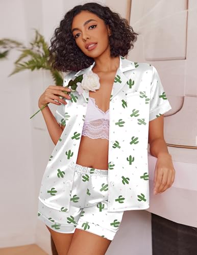 Image of Ekouaer Womens Satin Silk 2 Piece Pajamas Set Short Sleeve Sleepwear | Button Down Top and Shorts Loungewear Set for Sleep, Home, Wedding, Travel, Party, Daily Wear & Great for Sharing