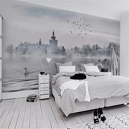3D Photo European Building Wall Murals, Swan Fog Lake Large Wall Murals, Mural Paper Good Adhesion Clear Picture Apply To Coffee Shop Study Room（59"W X 39.4"H） #TOP2