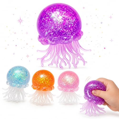 AR Trading Glitter Jellyfish Squishy Fidget Toy Super Solid Squish Stress Ball for Kids & Adults Sensory Anxiety Relief Toy with Wiggly Tentacles 2.1 Inch 1 Pcs (Purple)