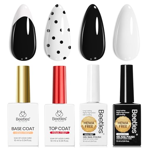Image of Beetles Black White Gel Polish - Twin Dialogue Collection, 4pc 10ML French Nails HEMA-FREE Black and White Colors with Base Top Coat Uv LED Lamp Salon DIY at Home Nails