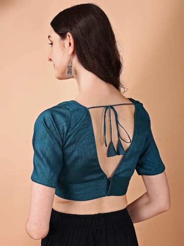 Image of Womanista Women's Dupion Silk Half Sleeve Solid V Neck Readymade Saree Blouse Stylish