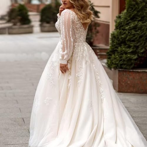 Boho Wedding Dresses for Women 2025 Long Sleeve Tulle Lace Applique V Neck Bridal Gowns for Bride3