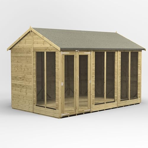 Powersheds High Grade Pressure Treated Apex Wooden Summerhouse with Fully Glazed Double Doors and Windows, Security Features, Heavy Duty Frame, Galvanised Ironmongery, Extra Thick Timber (12x8)
