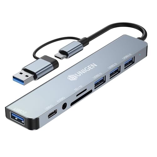 Image of UNIGEN 8-in-1 Multiport USB Hub with Dual USB-C & A Connector | 5Gbps High-Speed Transfer | USB 3.0 & 2.0 Ports | SD /TF Card Reader | 3.5mm Audio Jack | Compatible with Laptop, MacBook, PC & Tablet
