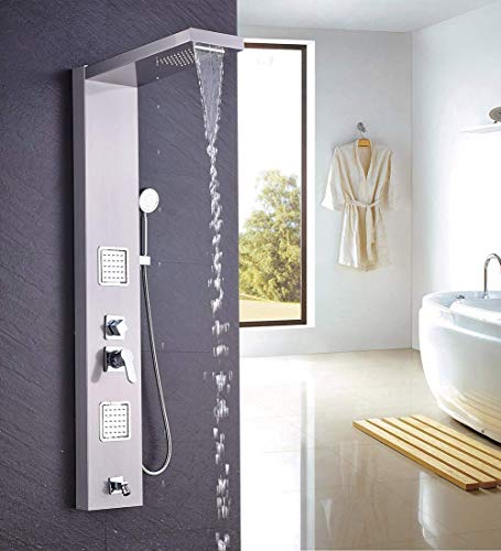 Colonne de douche moderne acier inoxydable gris avec mitigeur mural et écran de douche