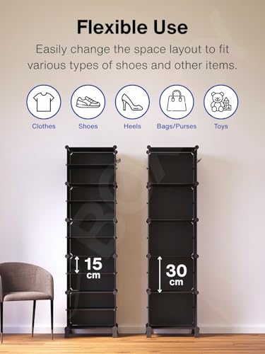 Image of BOXJOY 10 Shelf Shoe Rack with 5 Doors, 5 Hook Steel Holder & Wooden Hammer for Home Storage PP Plastic Organizer with Metal Door Frame to Cover Chappal Slipper Sandals Shoes Box Stand (Black)