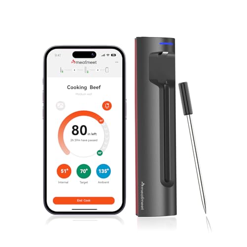 Meatmeet Termometro per carne Wi-Fi | Sonda wireless a lungo raggio per forno, grill, friggitrice ad aria, barbecue | Doppi sensori | IP67 impermeabile