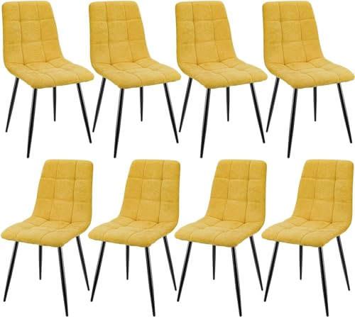 JIJIAN Lot de 8 Chaises de Salle à Manger, Chaises Tapissées en Tissu de Lin et Pieds en Métal Noir, Design en Damier, pour Salle de Séjour Chambre à...