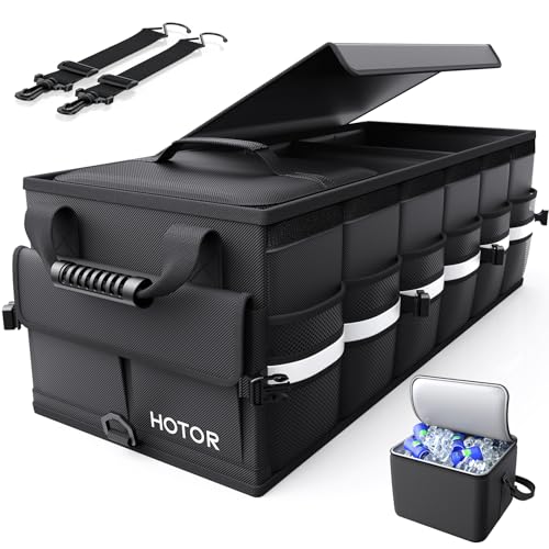 HOTOR Car Trunk Organizer - Trunk Organizer for SUV with Removable Cooler Bag, Foldable Cover, 3 Compartment Car Storage Essential Car Accessories for Truck, Van & Sedan, Black, 33.1" x 12.6" x 11.0"