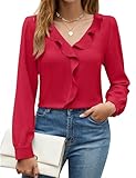 Blooming Jelly Womens Dressy Casual Blouse Business Long Sleeve Tops Ruffle V Neck Work Shirt Fall Outfit 2025(Red,M)