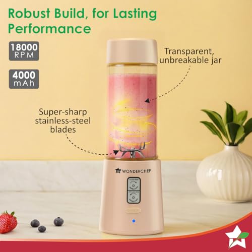 Image of Wonderchef Twister Portable Blender, 500ml, Dual-rotation Stainless-steel Blades, For Crushing Ice, Smoothies, Shakes, Salad Dressings, For Backpacks /Office Bags, Type-c Charge, 1-Yr Warranty, Coffee