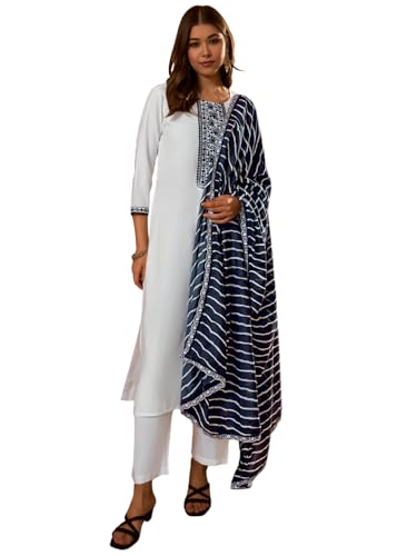 Image of Naixa Women's Viscose Embroidered Straight Kurta with Pant and Dupatta Sets (Available in Plus Size) (NX-674)