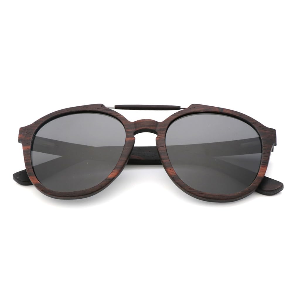 Occhiali da sole classici in legno con montatura ellittica, alla moda, protezione UV400 per uomo e donna, colore nero, con custodia rotonda in bambù.