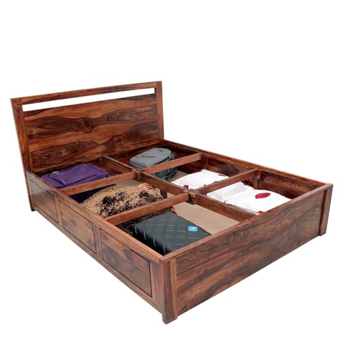 Image of Ganpati Arts Solid Sheesham Wood Jaipur Queen Size Bed with Box Storage | Wooden Double Bed Cot Palang Furniture for Bedroom Living Room Home and Hotel (Natural Finish) 1 Year Warranty