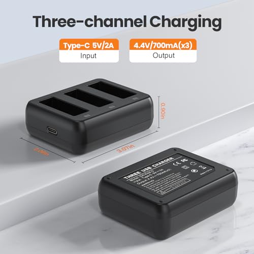 3 Packs Replacement Batteries for DJI Osmo Action 3, Osmo Action 4, 1850mAh Rechargeable Battery with 3-Channel Battery Charger, Compatible with DJI Osmo Action 4 3 Accessories