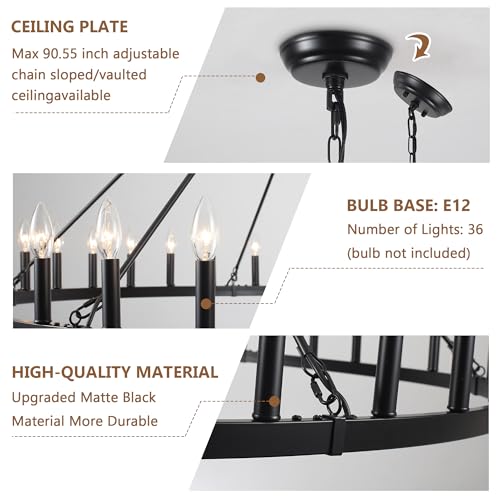Black Extra Large Wagon Wheel Chandelier, 60 inch 36 Lights Farmhouse Chandelier, Industrial Candle Round Pendant Light Fixture for High Ceiling Living Room Dining Room Outdoor Porch Entryway Hallway by SJCCDSGS - Image 5