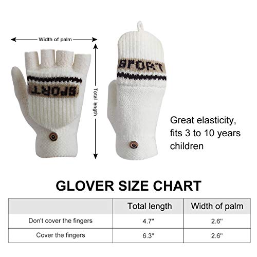 ORVINNER 2 Pairs Kids Winter Gloves Boys Convertible Fingerless Toddler Gloves, Children Warm Thicken Knit Gloves Baby Mittens (White/Gray-Green, 3-10 Years)