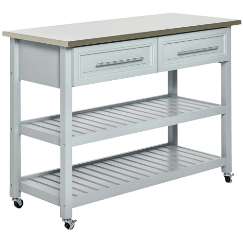 HOMCOM Kitchen Island with Stainless Steel Top, Traditional Kitchen Island with Storage, Butcher Block Cart 2-Tier Open Shelves, Drawers, Light Gray
