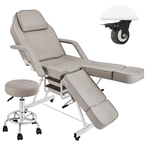 Tattoo Chair with Wheels, Split Leg Facial Bed for Esthetician Table with Hydraulic Stool, Grey Professional Adjustable Arms Client Tilting Tattoo Artist Station Beauty Spa Massage Equipment, Gray