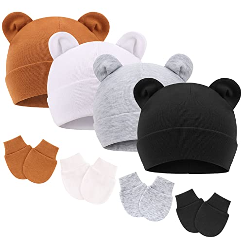 Image of AQOKKA Newborn Baby Bear Ear Hat and Mitten Sets No Scratch Infant Cotton Beanie Gloves Newborn Hospital Hat for Boy Girl