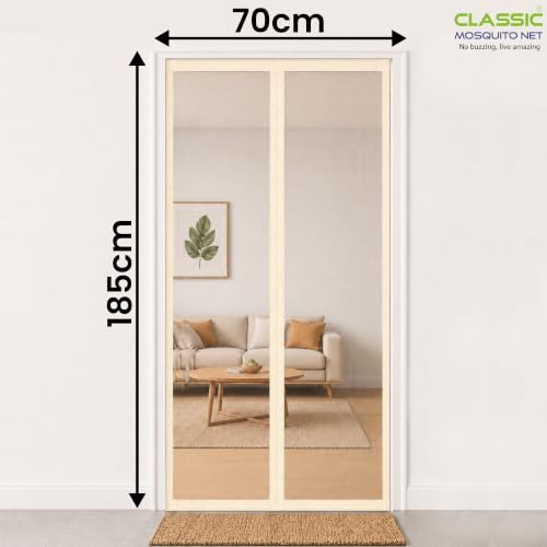 Image of Classic Mosquito Net for Doors with Magnet - Heavy-Duty Fiberglass Mesh | Strong Auto-Close Magnets | Full Frame Hook-&-Loop | DIY Installation for Wooden /UPVC /Marble Doors (185x70 cm, Ivory)