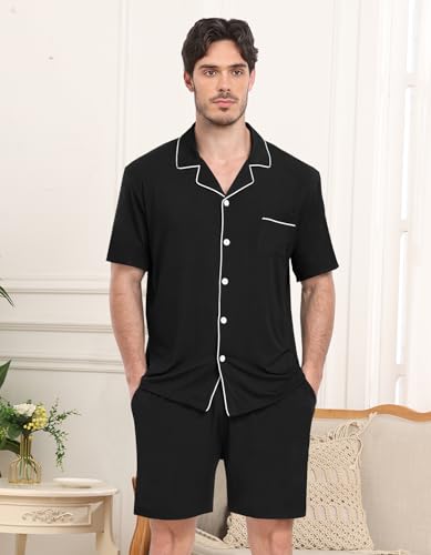 Matching Pajamas Set for Couples Women Men Short Sleeve Sleepwear Button Down 2 Pcs Pjs Sets Loungewear,Black-L2