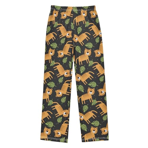 Lovely Tiger and Leaves Boys Long Pants Soft Trousers Elastic Waist Kids Lounge Bottoms with Pockets S-XL