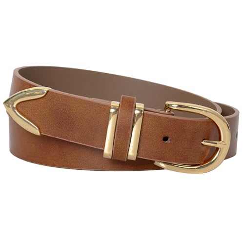 Women Brown Leather Belt Fashion Waist Belts for Jeans Pants Minimalism Casual Ladies Belt with Gold Buckle