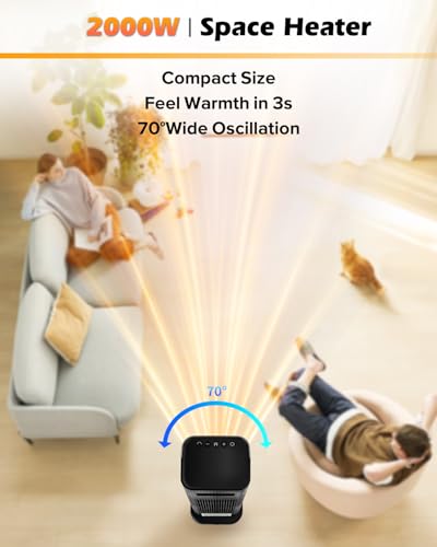 Sendowtek Chauffage d'appoint Electrique 2000W, Radiateur Soufflant céramique avec 70°Oscillation, 4 Modes, Thermostat, Minuterie 12H, Télécommande, Chauffage Soufflan pour Chambre Maison Intérieur – Image 5