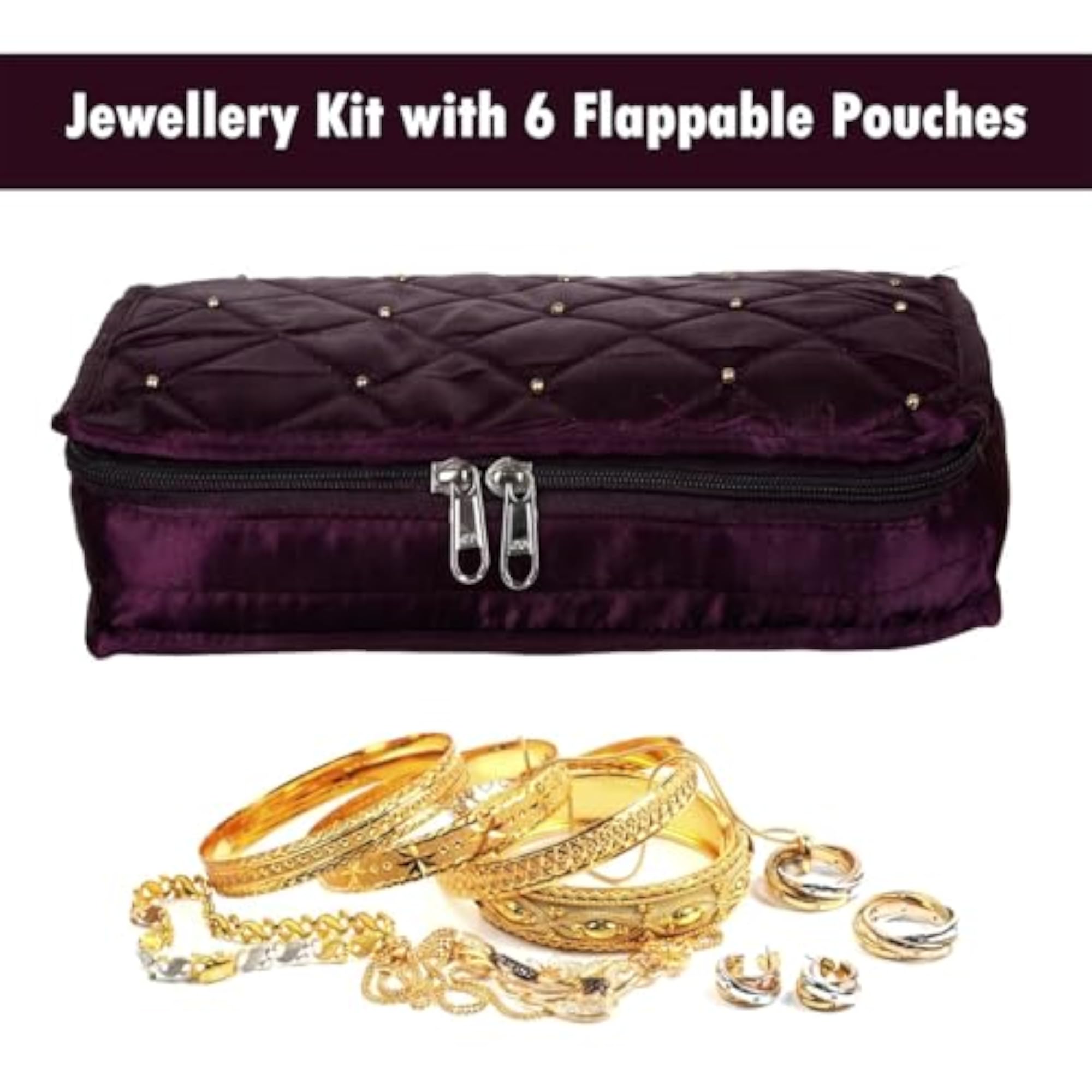 Satin Quilted Jewellery Organizer with 6 Flappable Pouches