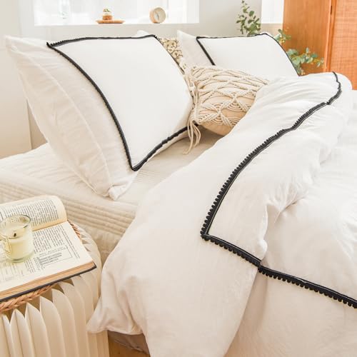 Image of Herside Boho White Duvet Cover Set Single Black Ball Pom Design Ultra Soft Microfibre Easy Care Bedding Set 2pieces Vintage Country Quilt Cover for Boys Girls with Zipper Closure