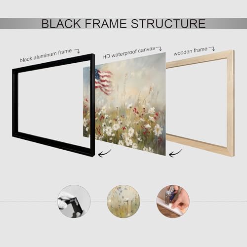 Image of American Flag Canvas Wall Art, 4th of July Patriotic Poster Print, USA Flag and Wildflower Field Landscape Picture, Rustic Independence Day Wall Decor for Bedroom Living Room 24x36in Framed