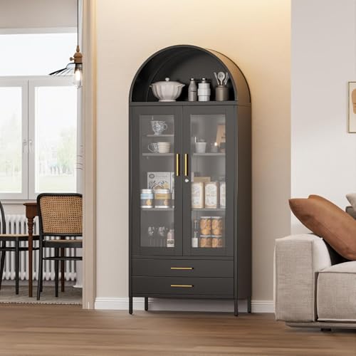 Image of 73''H Metal Arch Kitchen Pantry Cabinets, Arched Display Cabinet with Glass Doors&Drawers for Home Living Room, Assemble Required, Black