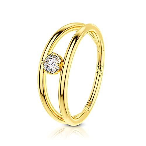 COCHARM 14K Real Gold Daith Earring, 14K Solid Gold Rook Earring, 16g Double Hoop 14Kt Yellow Daith Rook Nose Ring Hypoallergenic