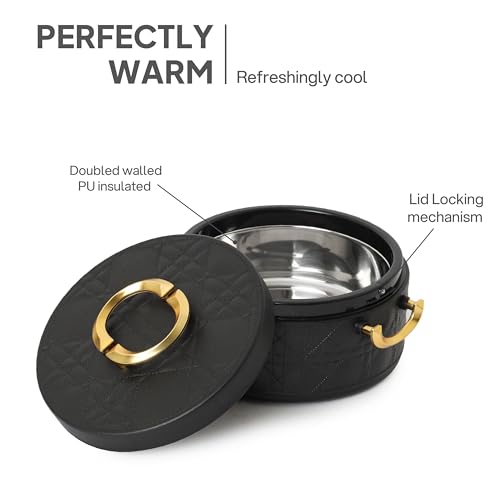 Image of CELLO Ornetto Big Set of 3 Pcs Insulated Steel Casserole Hot Box for Kitchen, Black (1500ml, 2000ml, 2500ml) | Airtight Hot Pot Case Keeps Food Hot & Warm, Casserole Set for Roti Chapati Rice Biryani